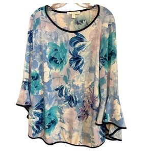 Juniper + Lime Women's Blue Purple Floral Bell Sleeve Tunic Blouse Size XL‎